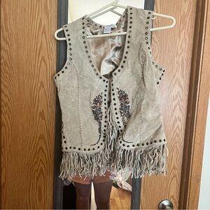 Leather Vintage Floral Studded Vest with fringe